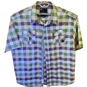 Akademiks Mens Short Sleeve Shirt Size 5XL Green Checked Button Pockets Collar